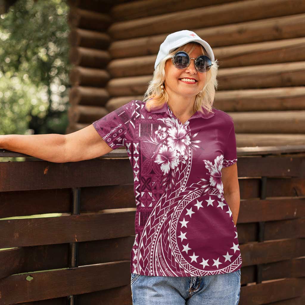 Kia Orana Cook Islands Women Polo Shirt Tiare and Stars - Maroon