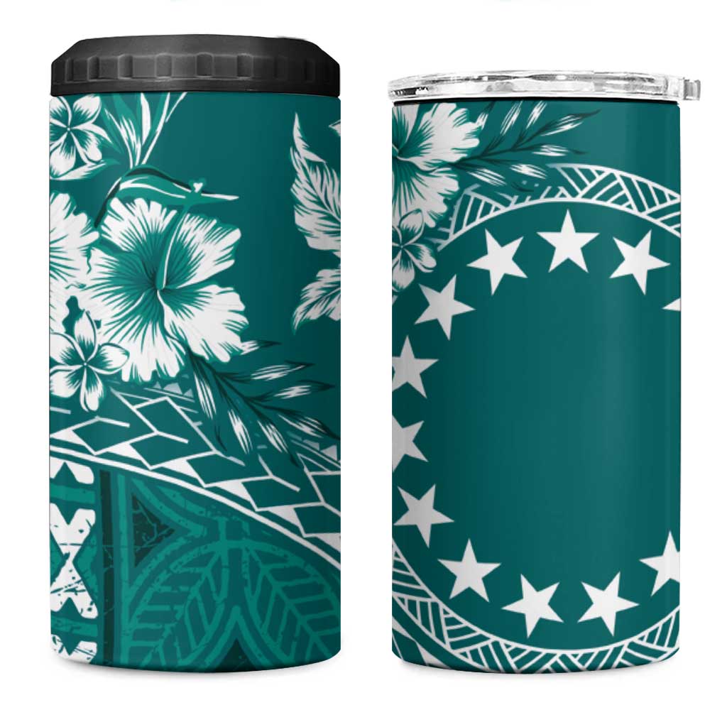 Kia Orana Cook Islands 4 in 1 Can Cooler Tumbler Tiare & Stars - Teal
