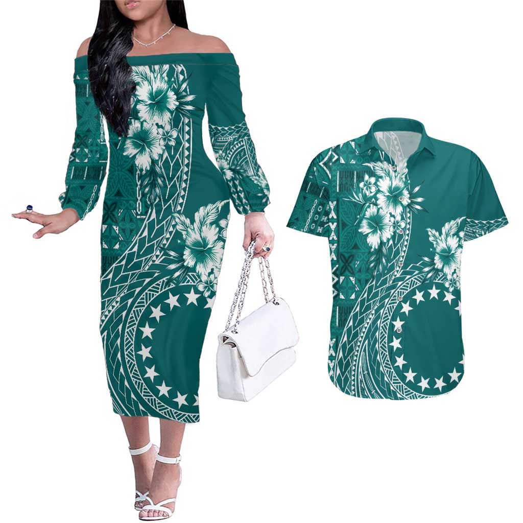 Kia Orana Cook Islands Couples Matching Off The Shoulder Long Sleeve Dress and Hawaiian Shirt Tiare and Stars - Teal