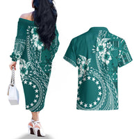 Kia Orana Cook Islands Couples Matching Off The Shoulder Long Sleeve Dress and Hawaiian Shirt Tiare and Stars - Teal