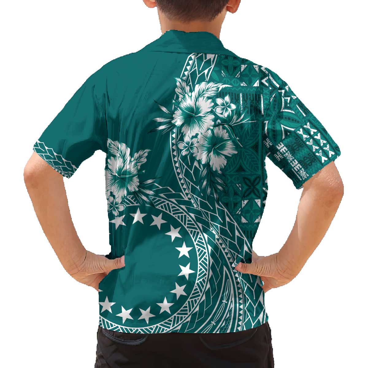 Kia Orana Cook Islands Family Matching Off The Shoulder Long Sleeve Dress and Hawaiian Shirt Tiare and Stars - Teal