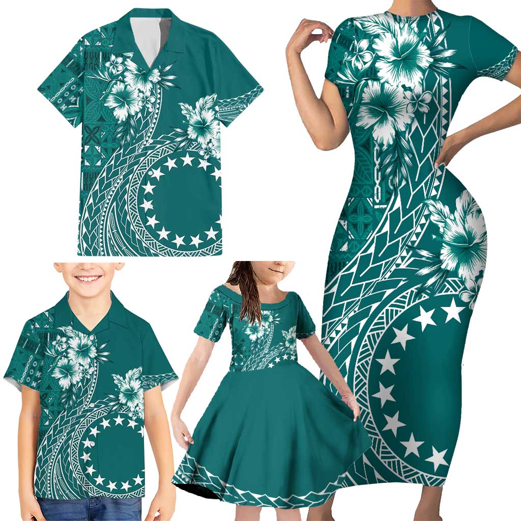 Kia Orana Cook Islands Family Matching Short Sleeve Bodycon Dress and Hawaiian Shirt Tiare and Stars - Teal