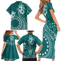 Kia Orana Cook Islands Family Matching Short Sleeve Bodycon Dress and Hawaiian Shirt Tiare and Stars - Teal