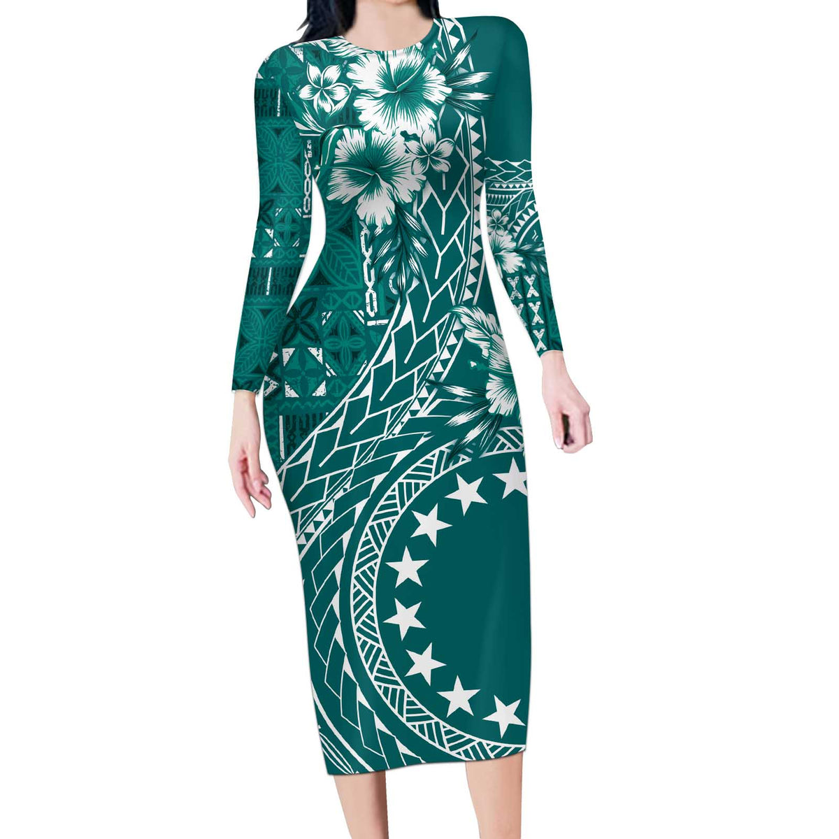 Kia Orana Cook Islands Long Sleeve Bodycon Dress Tiare and Stars - Teal