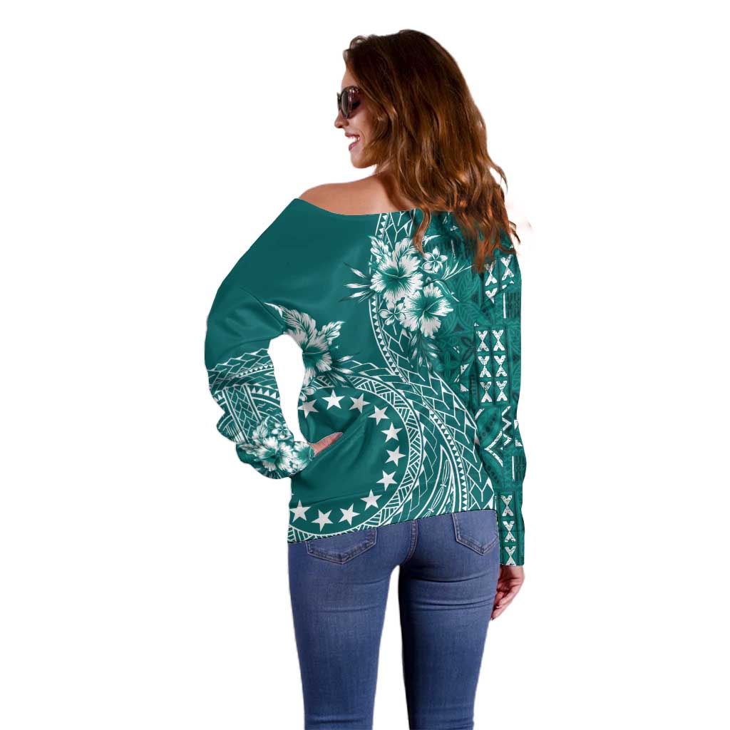 Kia Orana Cook Islands Off Shoulder Sweater Tiare and Stars - Teal