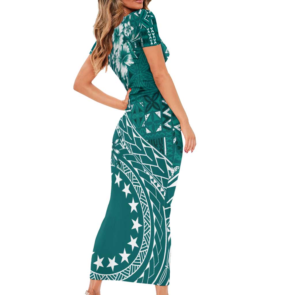 Kia Orana Cook Islands Short Sleeve Bodycon Dress Tiare and Stars - Teal