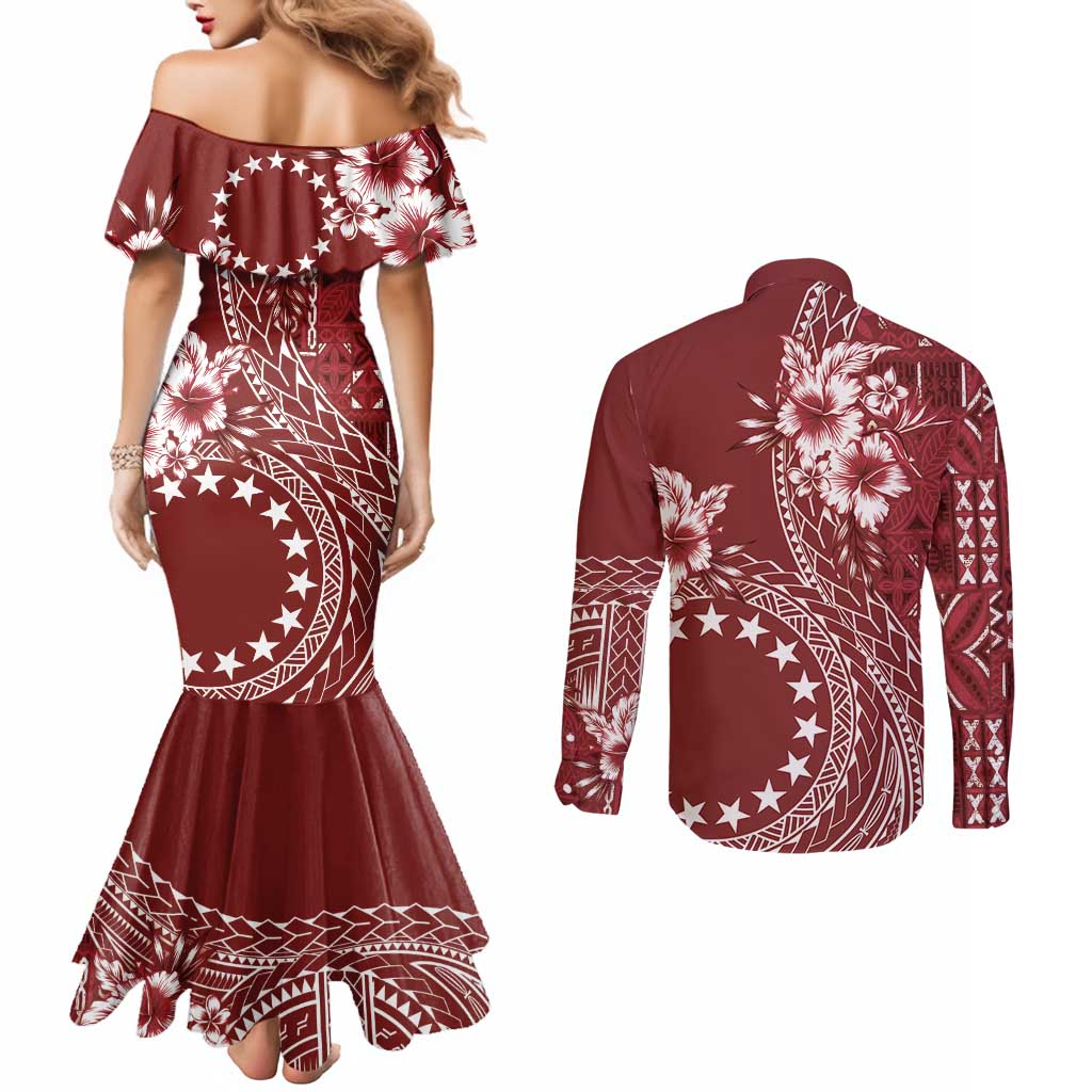 Kia Orana Cook Islands Couples Matching Mermaid Dress and Long Sleeve Button Shirt Tiare and Stars - Scarlet