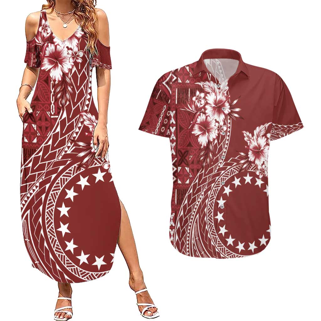 Kia Orana Cook Islands Couples Matching Summer Maxi Dress and Hawaiian Shirt Tiare and Stars - Scarlet LT7 Red - Polynesian Pride