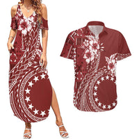 Kia Orana Cook Islands Couples Matching Summer Maxi Dress and Hawaiian Shirt Tiare and Stars - Scarlet LT7 Red - Polynesian Pride