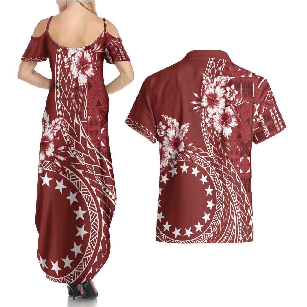 Kia Orana Cook Islands Couples Matching Summer Maxi Dress and Hawaiian Shirt Tiare and Stars - Scarlet LT7 - Polynesian Pride