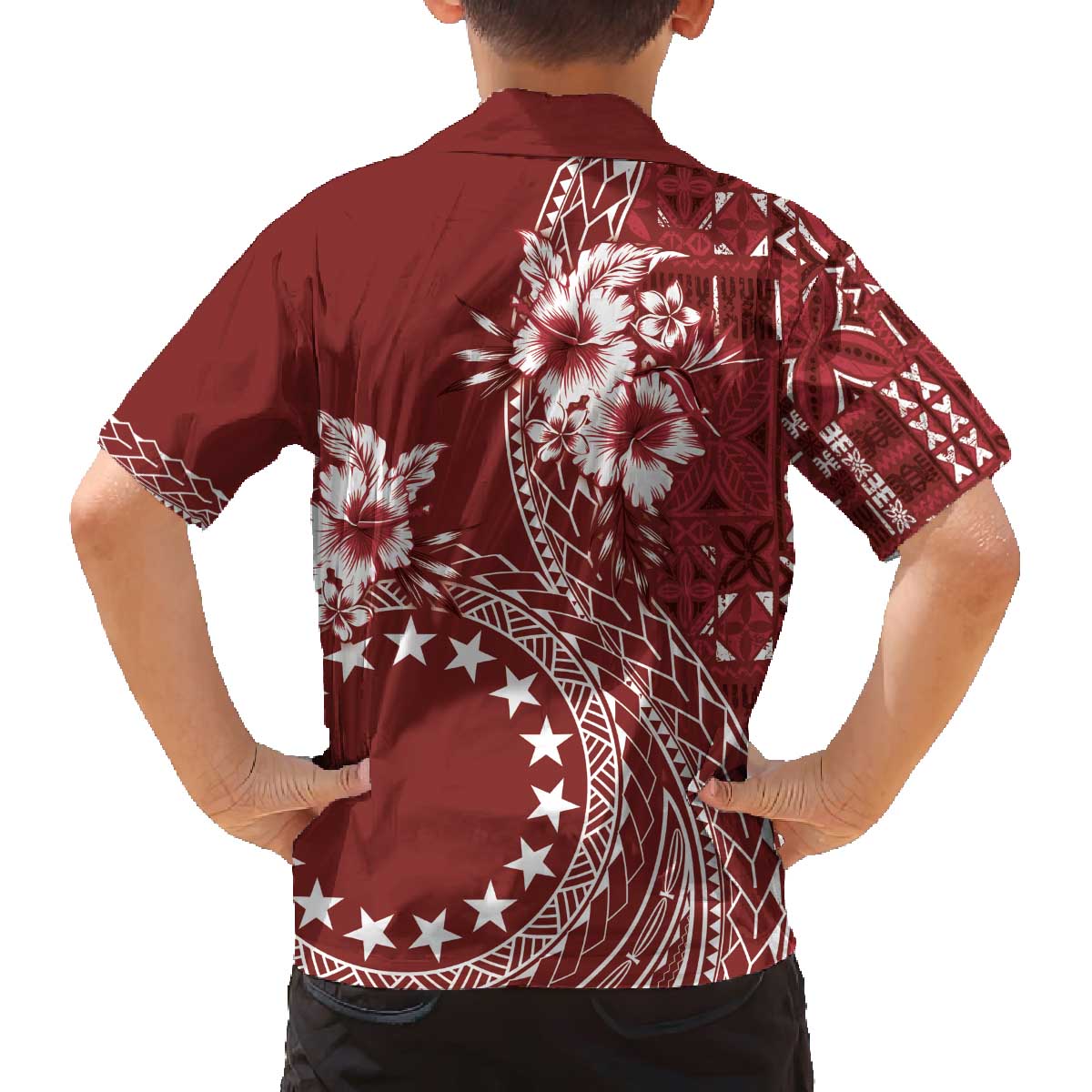 Kia Orana Cook Islands Family Matching Off Shoulder Short Dress and Hawaiian Shirt Tiare and Stars - Scarlet