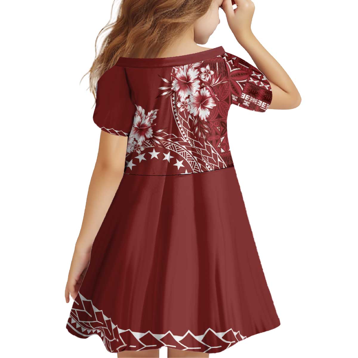 Kia Orana Cook Islands Kid Short Sleeve Dress Tiare and Stars - Scarlet