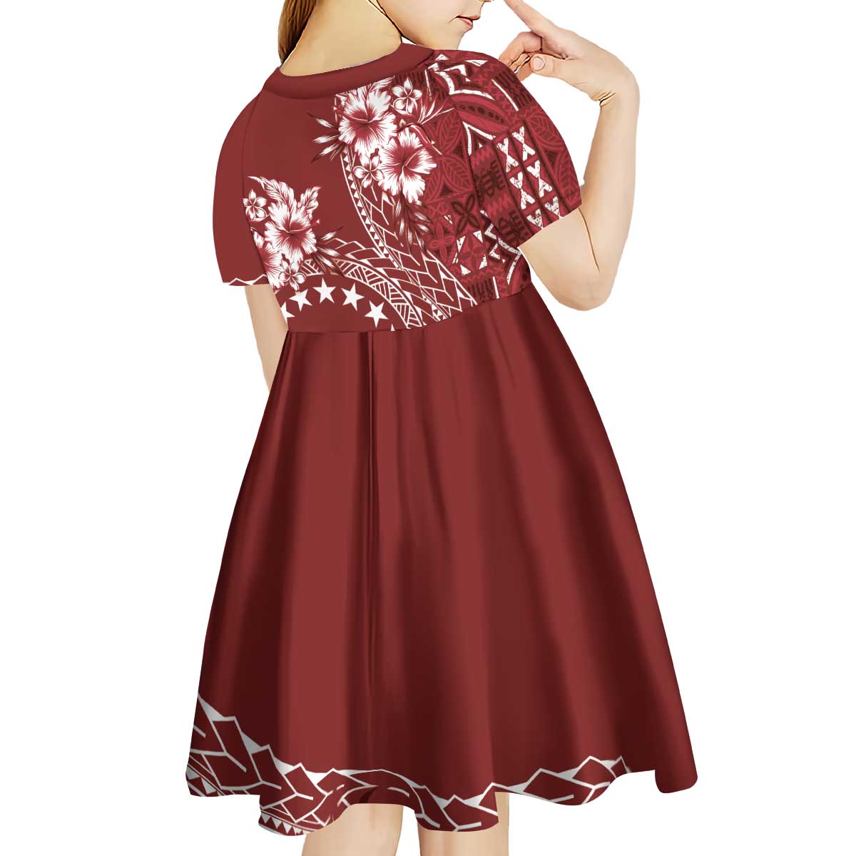 Kia Orana Cook Islands Kid Short Sleeve Dress Tiare and Stars - Scarlet