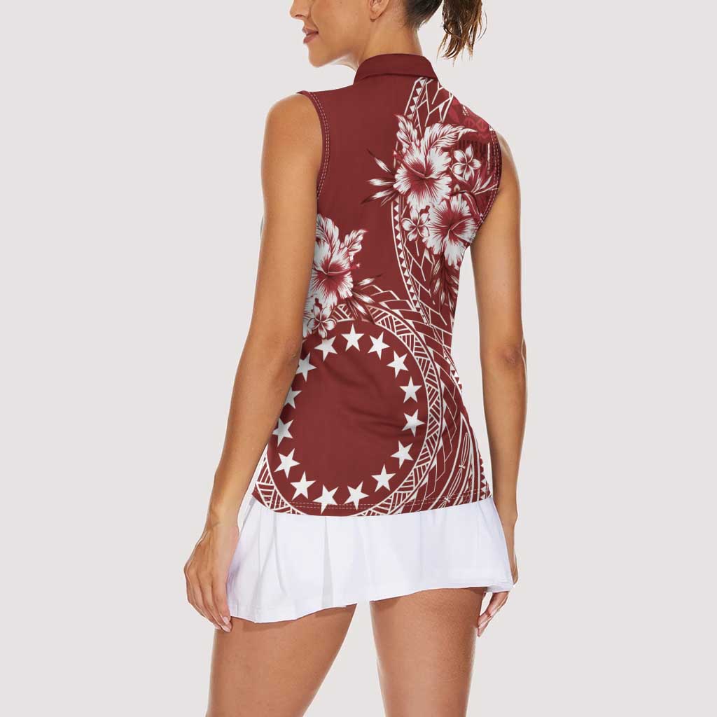 Kia Orana Cook Islands Women Sleeveless Polo Shirt Tiare and Stars - Scarlet