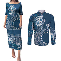 Kia Orana Cook Islands Couples Matching Puletasi and Long Sleeve Button Shirt Tiare and Stars - Navy Blue LT7 Navy Blue - Polynesian Pride
