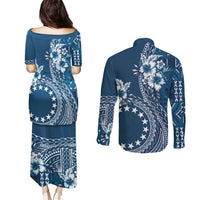 Kia Orana Cook Islands Couples Matching Puletasi and Long Sleeve Button Shirt Tiare and Stars - Navy Blue LT7 - Polynesian Pride