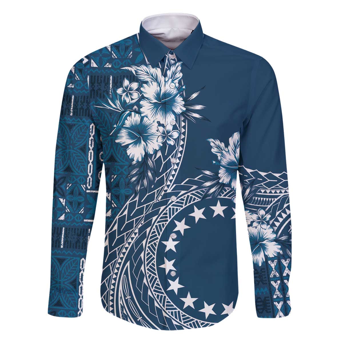 Kia Orana Cook Islands Family Matching Off Shoulder Short Dress and Hawaiian Shirt Tiare and Stars - Navy Blue