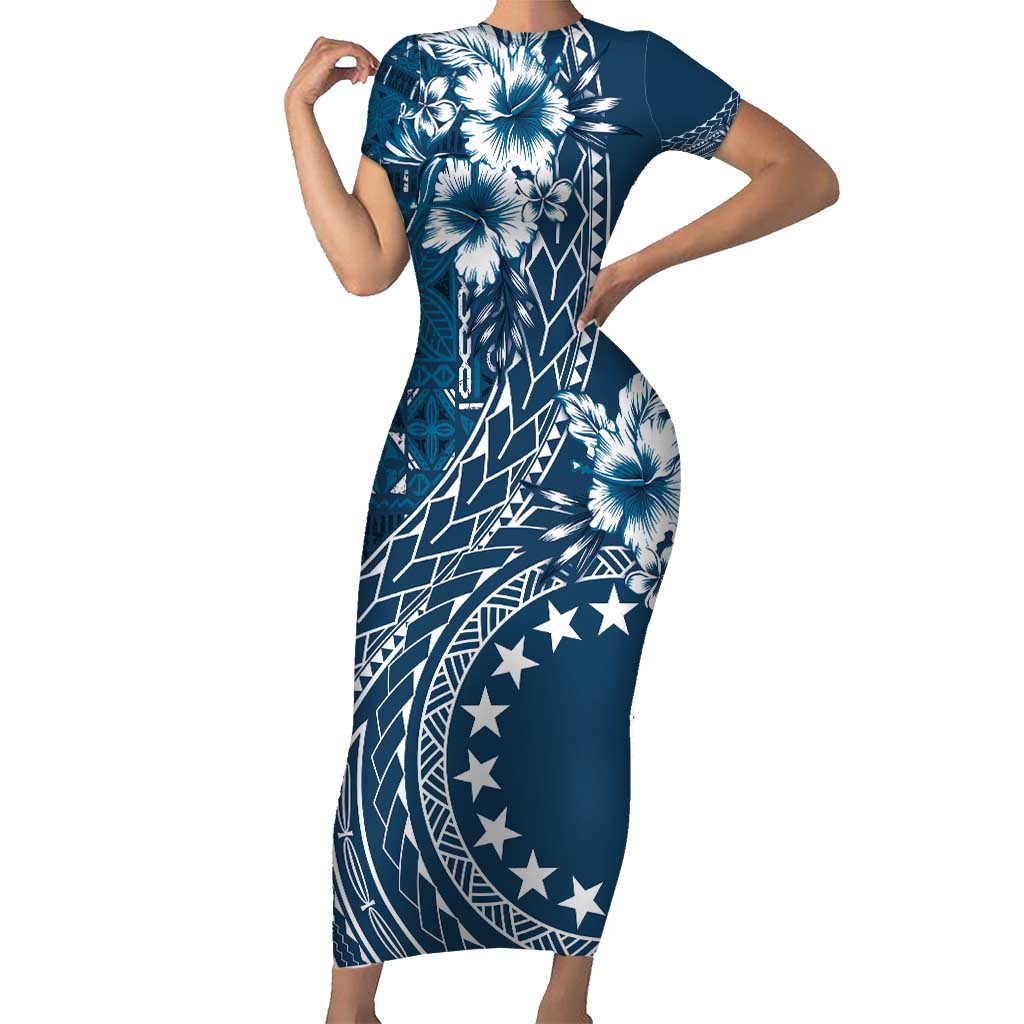 Kia Orana Cook Islands Family Matching Short Sleeve Bodycon Dress and Hawaiian Shirt Tiare and Stars - Navy Blue