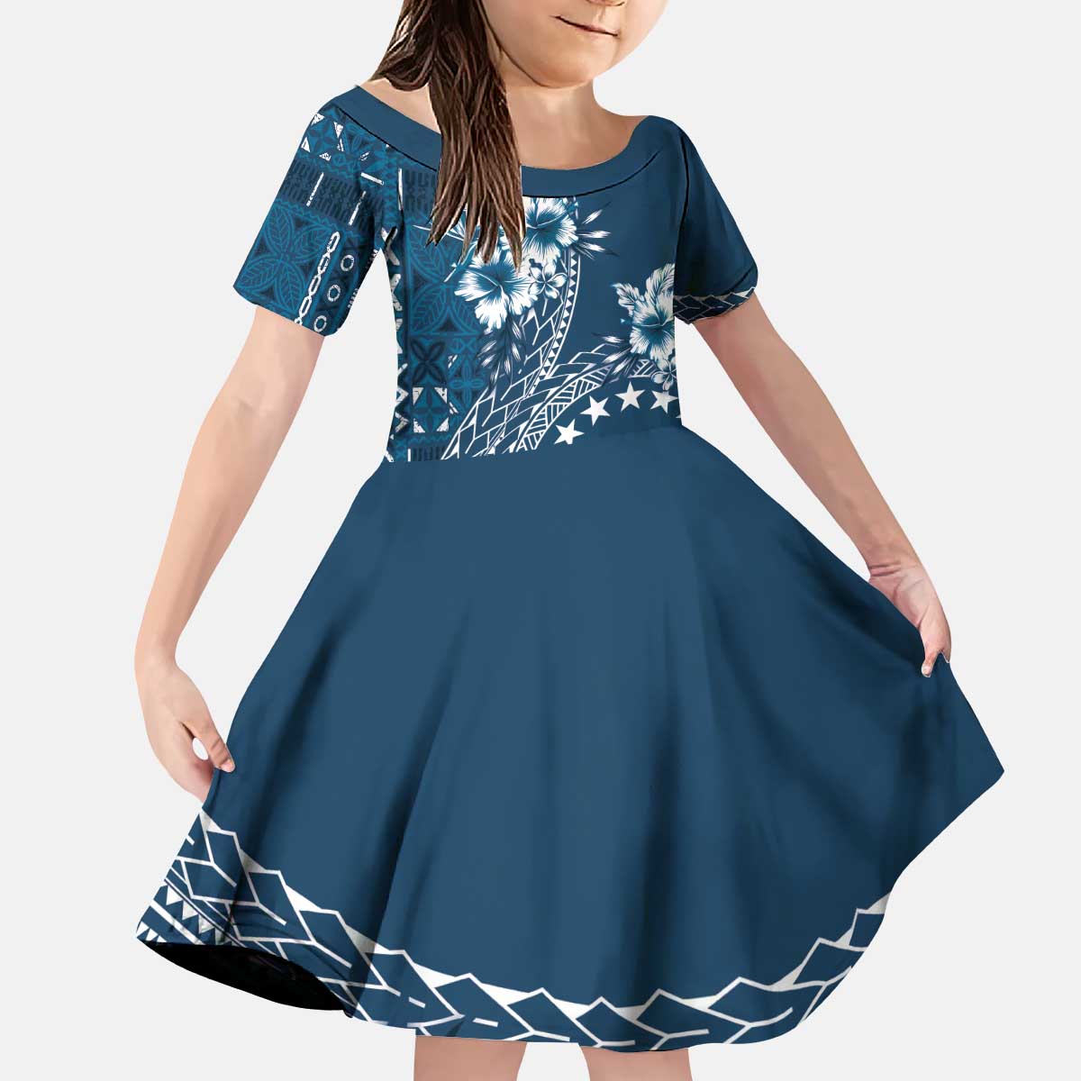 Kia Orana Cook Islands Kid Short Sleeve Dress Tiare and Stars - Navy Blue LT7 KID Navy Blue - Polynesian Pride