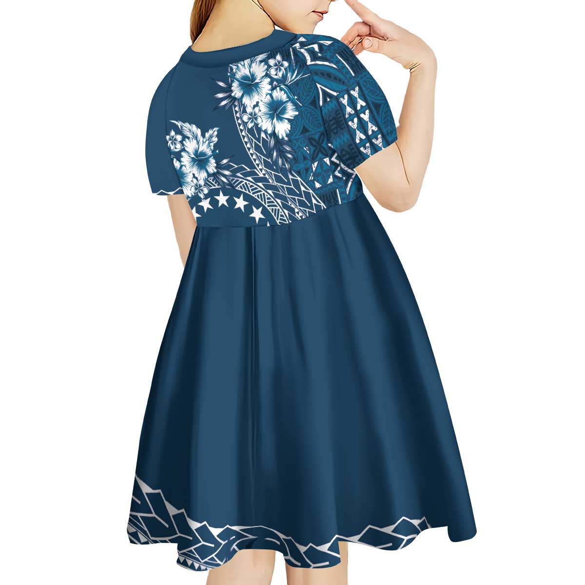 Kia Orana Cook Islands Kid Short Sleeve Dress Tiare and Stars - Navy Blue LT7 - Polynesian Pride