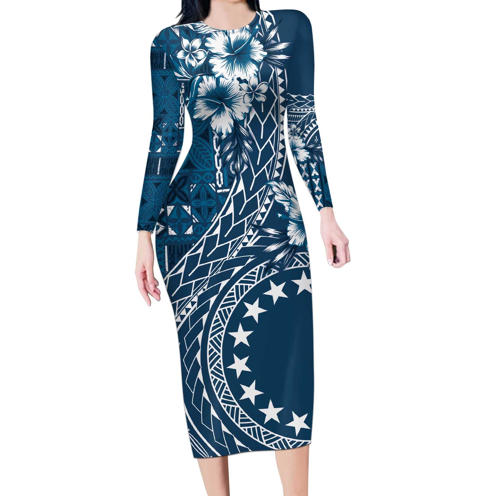 Kia Orana Cook Islands Long Sleeve Bodycon Dress Tiare and Stars - Navy Blue