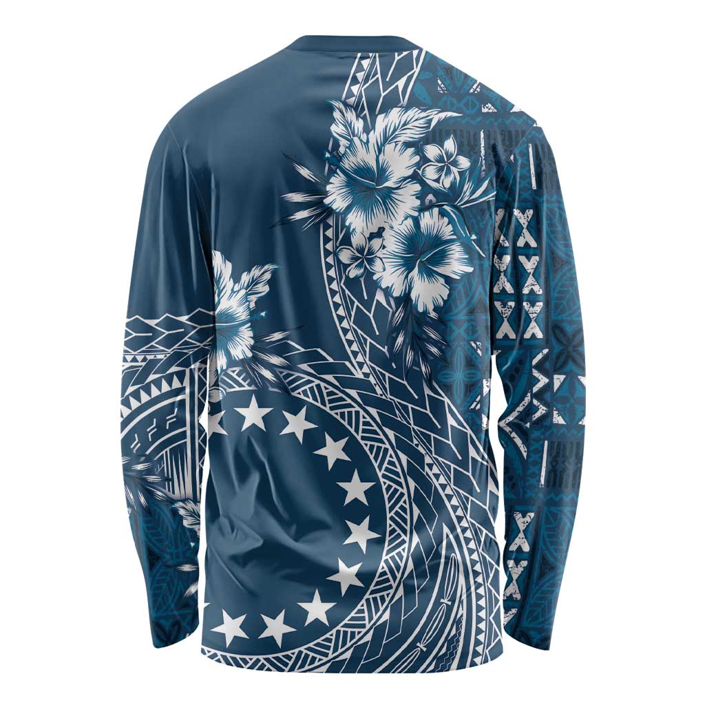 Kia Orana Cook Islands Long Sleeve Shirt Tiare and Stars - Navy Blue