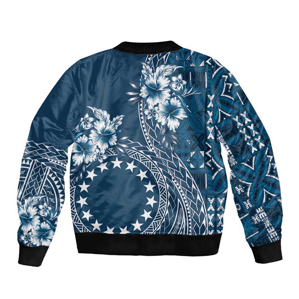 Kia Orana Cook Islands Sleeve Zip Bomber Jacket Tiare and Stars - Navy Blue