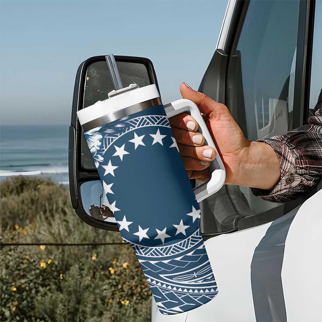 Kia Orana Cook Islands Tumbler With Handle Tiare & Stars - Navy Blue