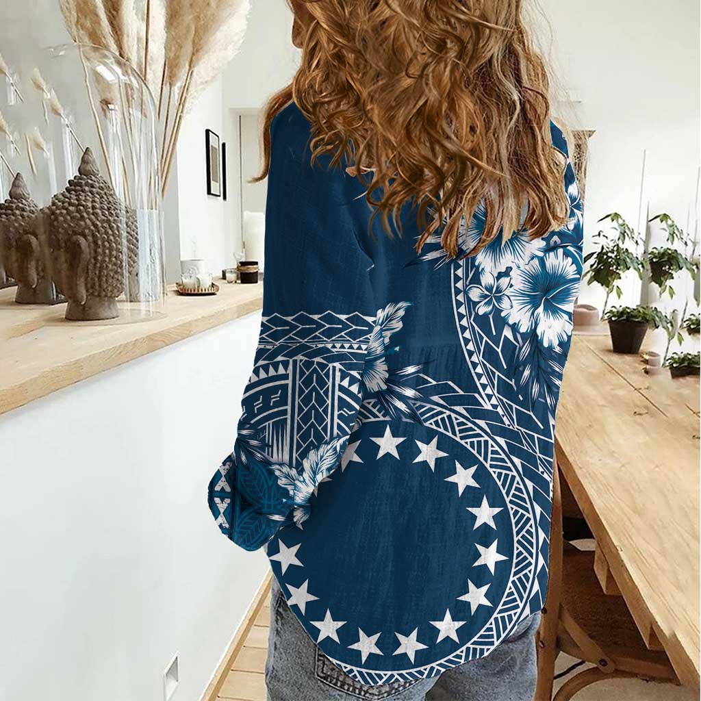 Kia Orana Cook Islands Women Casual Shirt Tiare and Stars - Navy Blue