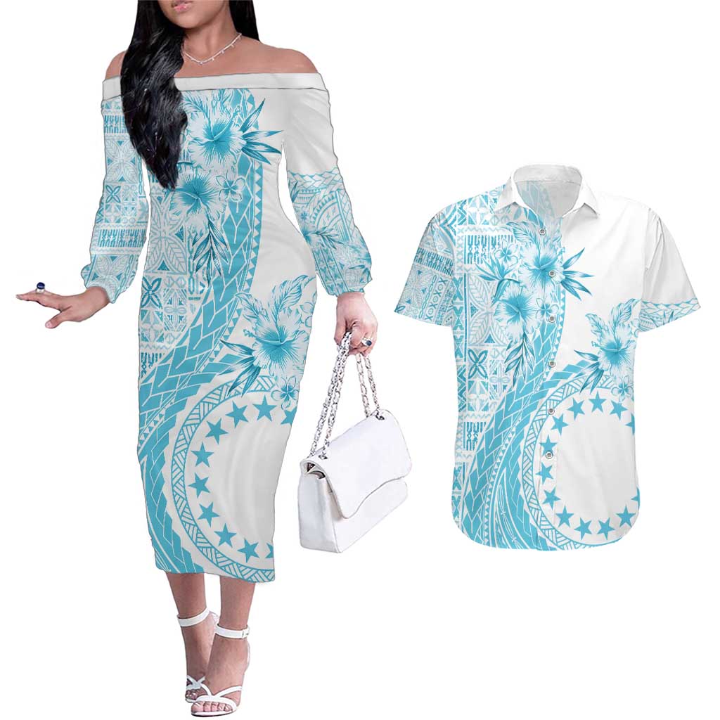 Kia Orana Cook Islands Couples Matching Off The Shoulder Long Sleeve Dress and Hawaiian Shirt Tiare and Stars - Turquoise