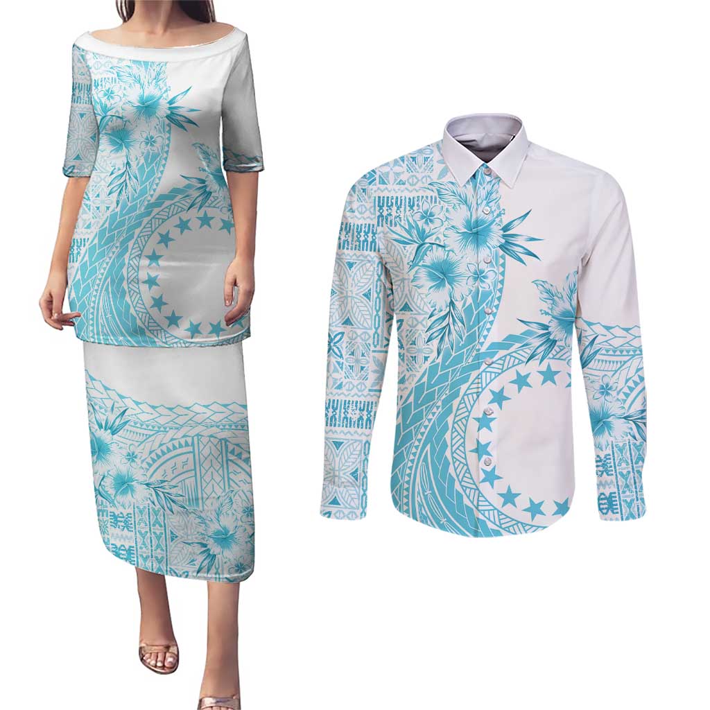 Kia Orana Cook Islands Couples Matching Puletasi and Long Sleeve Button Shirt Tiare and Stars - Turquoise