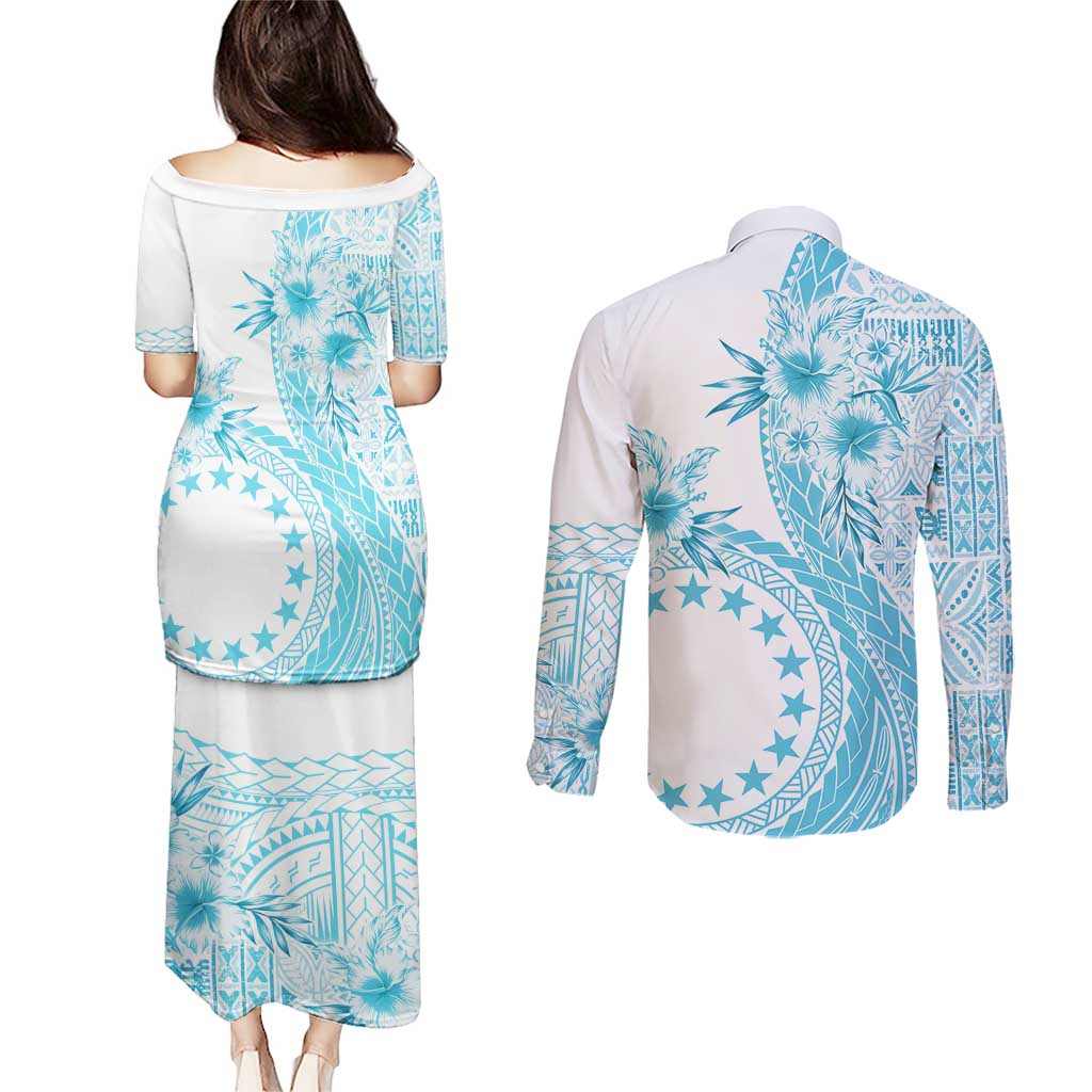 Kia Orana Cook Islands Couples Matching Puletasi and Long Sleeve Button Shirt Tiare and Stars - Turquoise