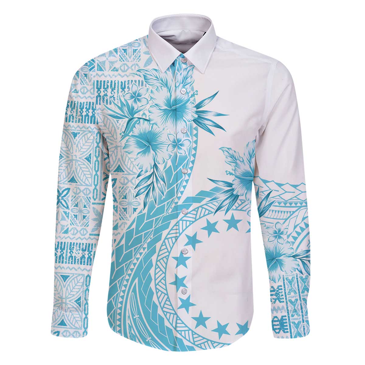 Kia Orana Cook Islands Family Matching Off Shoulder Short Dress and Hawaiian Shirt Tiare and Stars - Turquoise
