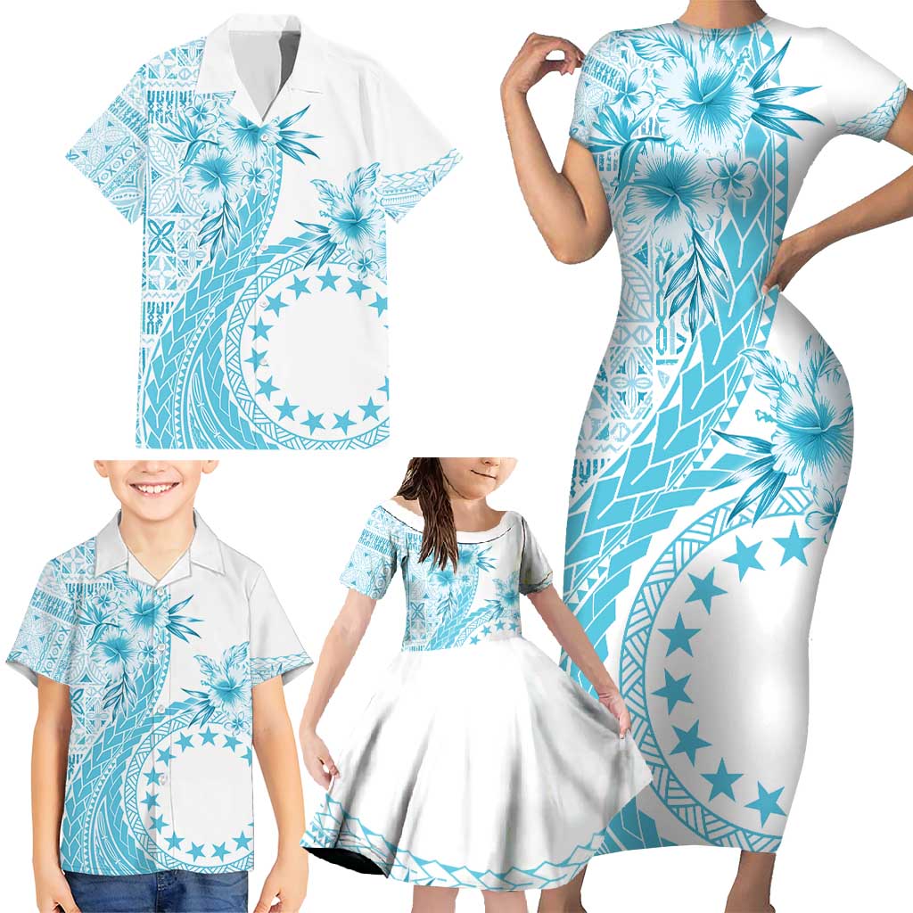 Kia Orana Cook Islands Family Matching Short Sleeve Bodycon Dress and Hawaiian Shirt Tiare and Stars - Turquoise
