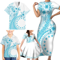 Kia Orana Cook Islands Family Matching Short Sleeve Bodycon Dress and Hawaiian Shirt Tiare and Stars - Turquoise