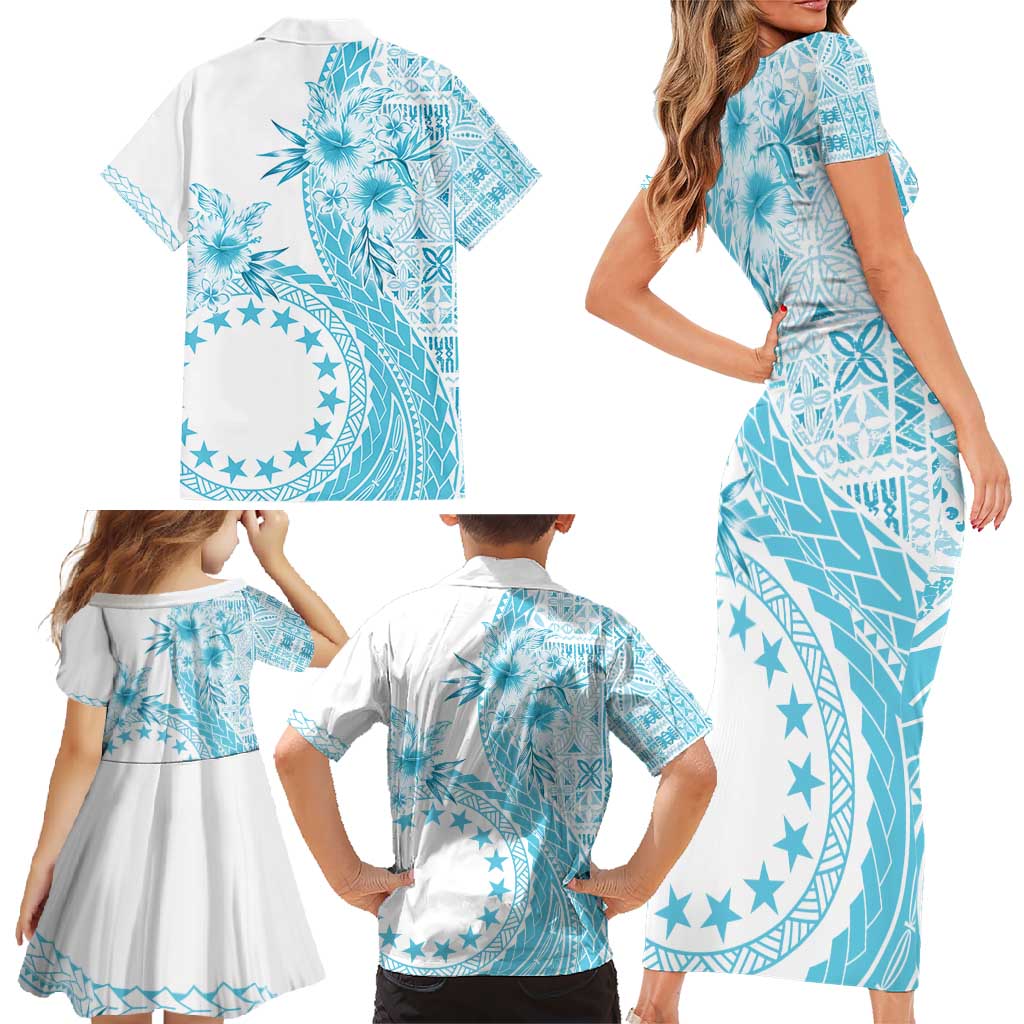 Kia Orana Cook Islands Family Matching Short Sleeve Bodycon Dress and Hawaiian Shirt Tiare and Stars - Turquoise