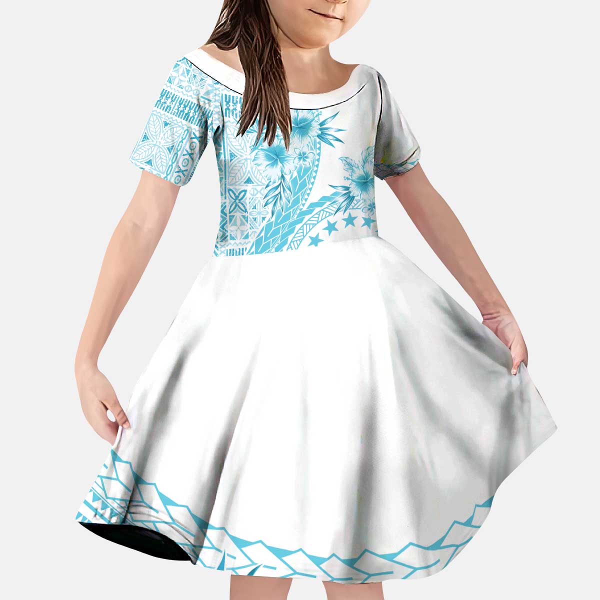 Kia Orana Cook Islands Kid Short Sleeve Dress Tiare and Stars - Turquoise LT7 KID Turquoise - Polynesian Pride