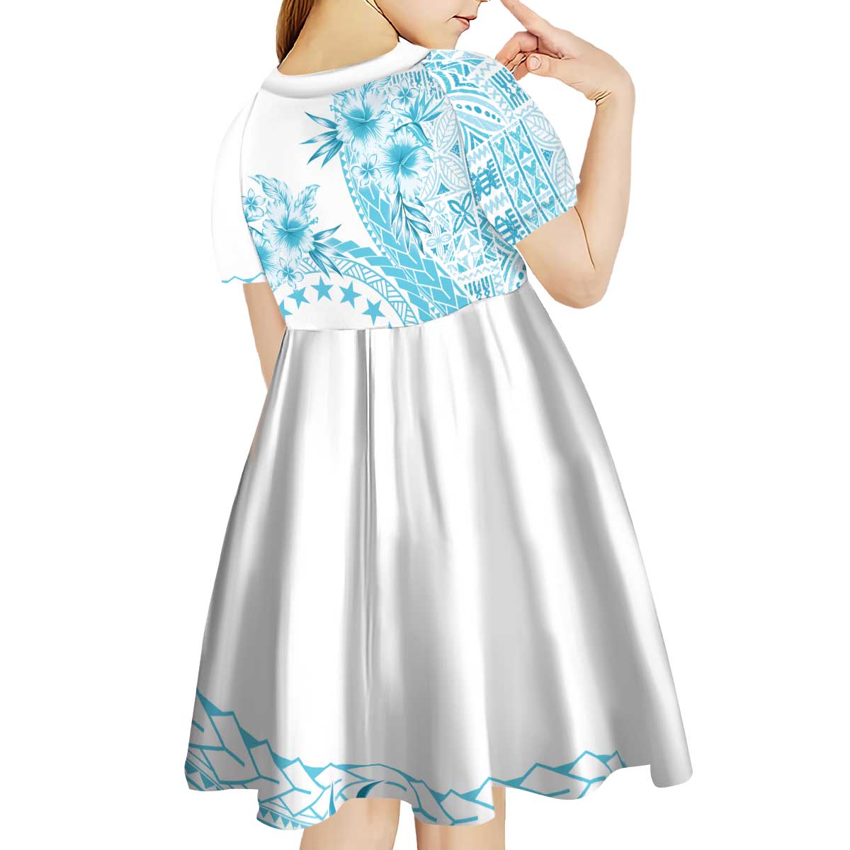 Kia Orana Cook Islands Kid Short Sleeve Dress Tiare and Stars - Turquoise LT7 - Polynesian Pride