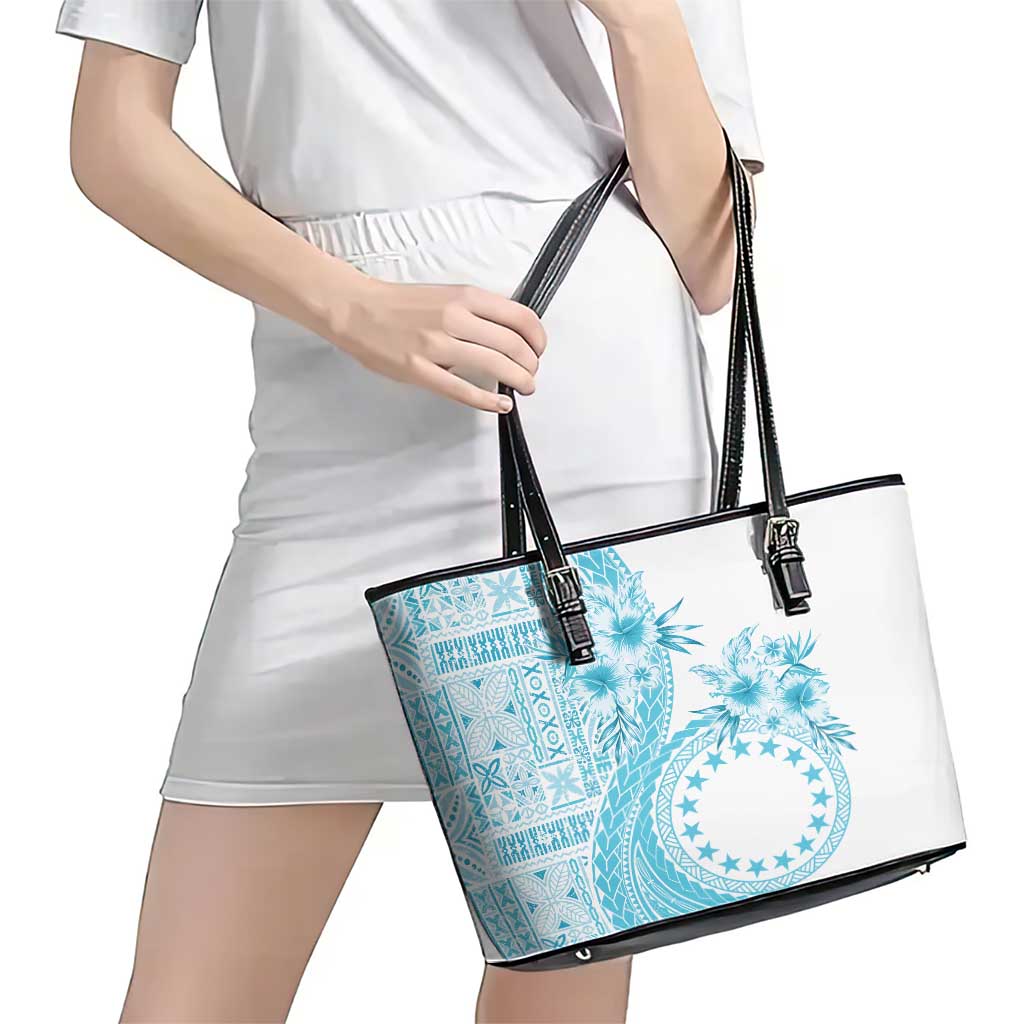 Kia Orana Cook Islands Leather Tote Bag Tiare and Stars - Turquoise