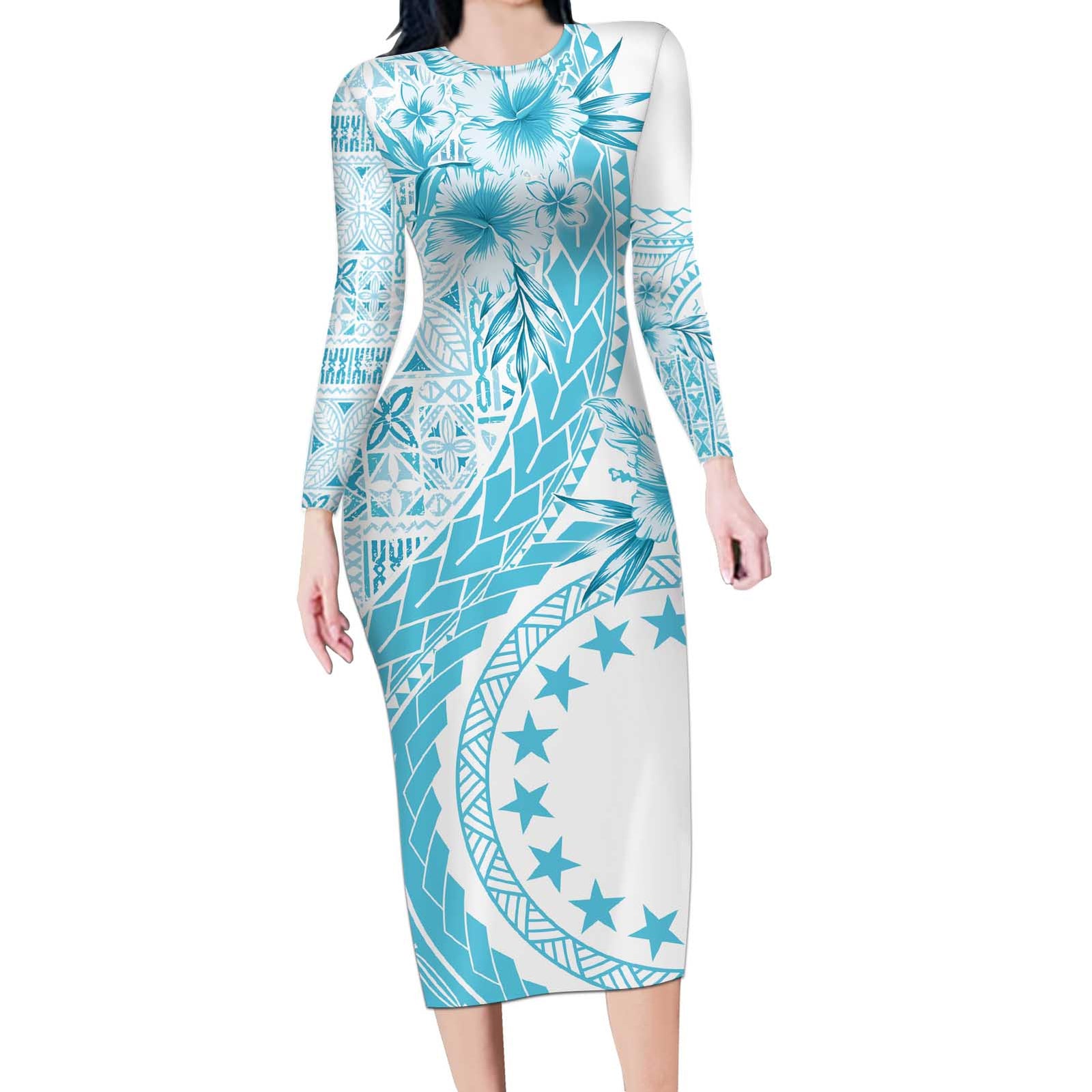 Kia Orana Cook Islands Long Sleeve Bodycon Dress Tiare and Stars - Turquoise