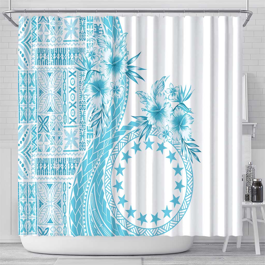 Kia Orana Cook Islands Shower Curtain Tiare and Stars - Turquoise