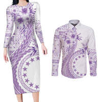 Kia Orana Cook Islands Couples Matching Long Sleeve Bodycon Dress and Long Sleeve Button Shirt Tiare and Stars - Lavender LT7 Lavender - Polynesian Pride