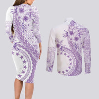 Kia Orana Cook Islands Couples Matching Long Sleeve Bodycon Dress and Long Sleeve Button Shirt Tiare and Stars - Lavender LT7 - Polynesian Pride