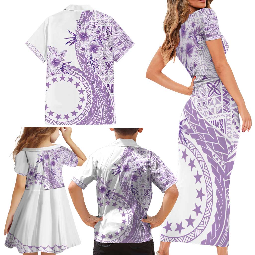 Kia Orana Cook Islands Family Matching Short Sleeve Bodycon Dress and Hawaiian Shirt Tiare and Stars - Lavender