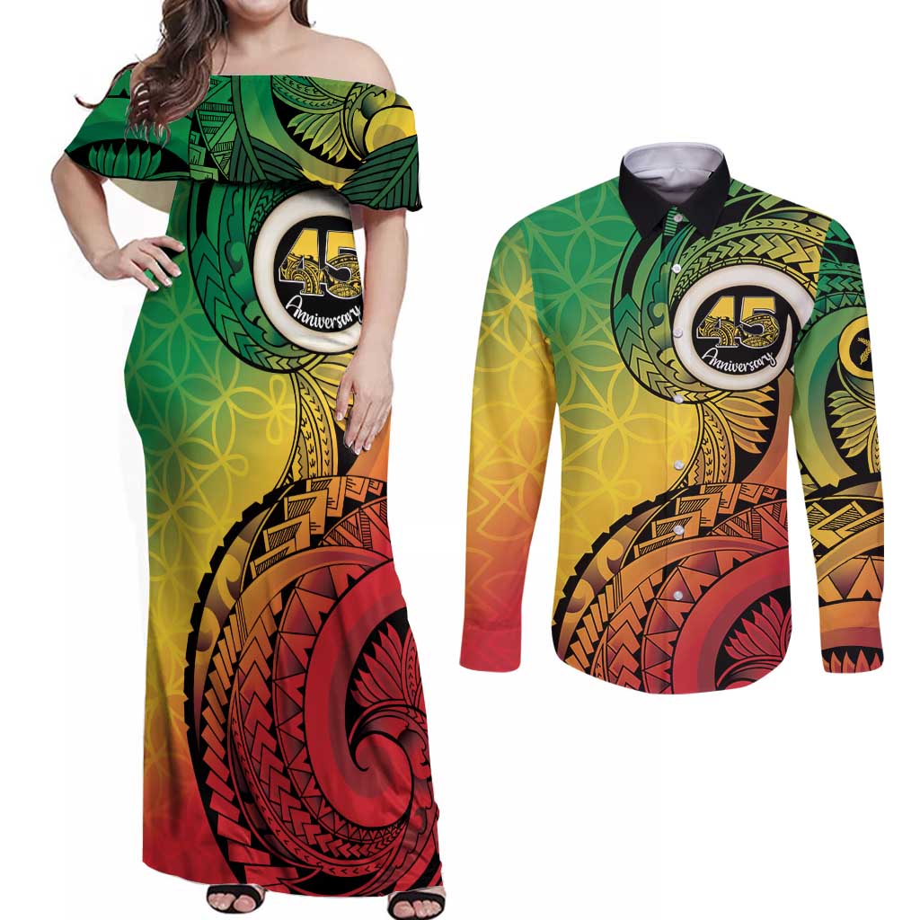 Vanuatu 45th Independence Anniversary Couples Matching Off Shoulder Maxi Dress and Long Sleeve Button Shirt Ni-Van Sandroing LT7 Colorful - Polynesian Pride
