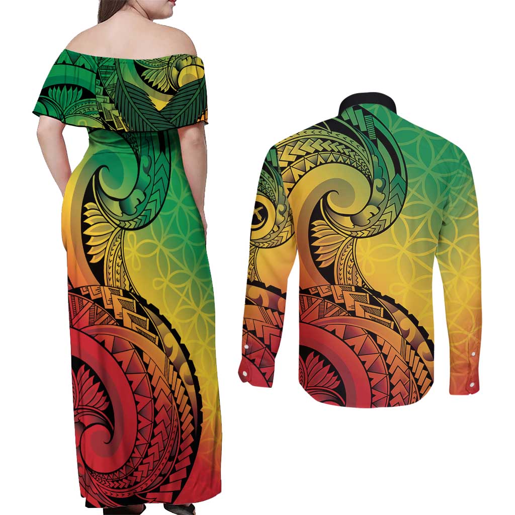 Vanuatu 45th Independence Anniversary Couples Matching Off Shoulder Maxi Dress and Long Sleeve Button Shirt Ni-Van Sandroing LT7 - Polynesian Pride