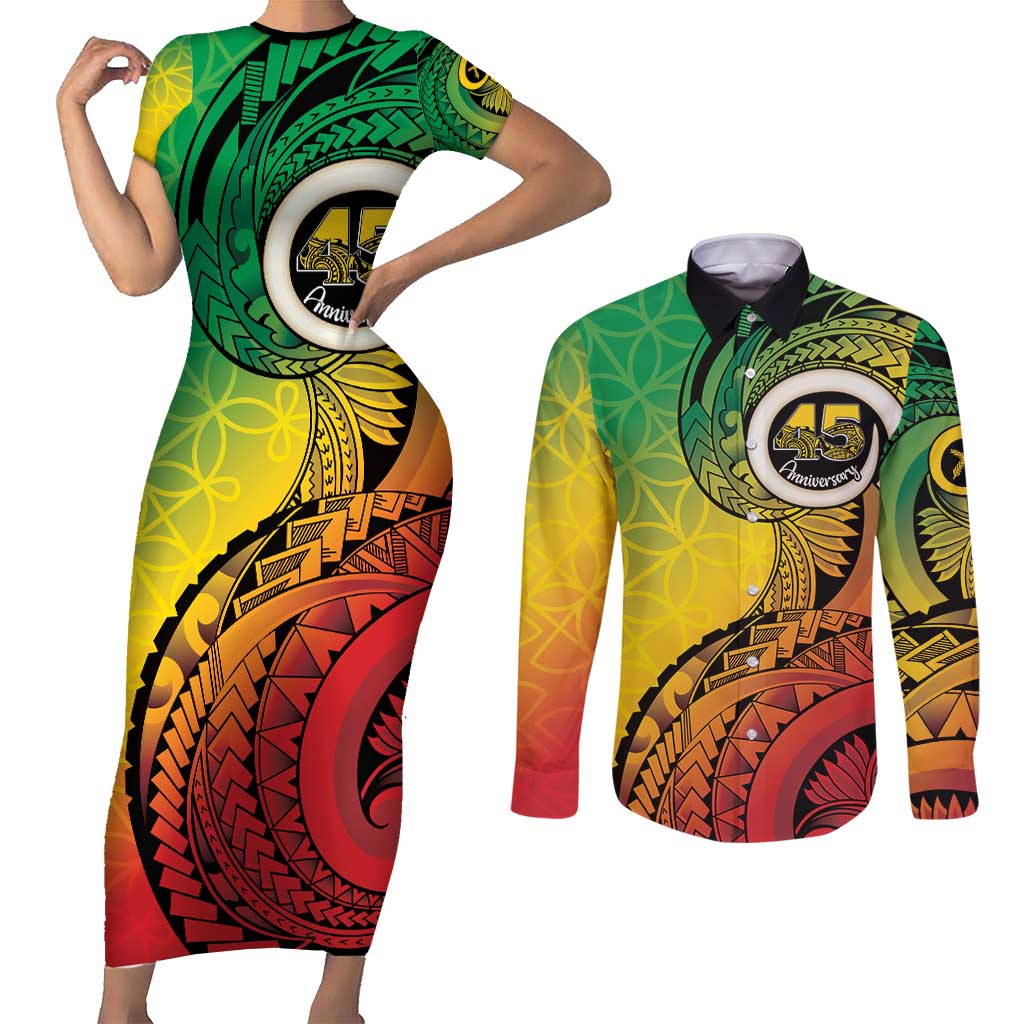Vanuatu 45th Independence Anniversary Couples Matching Short Sleeve Bodycon Dress and Long Sleeve Button Shirt Ni-Van Sandroing LT7 Colorful - Polynesian Pride