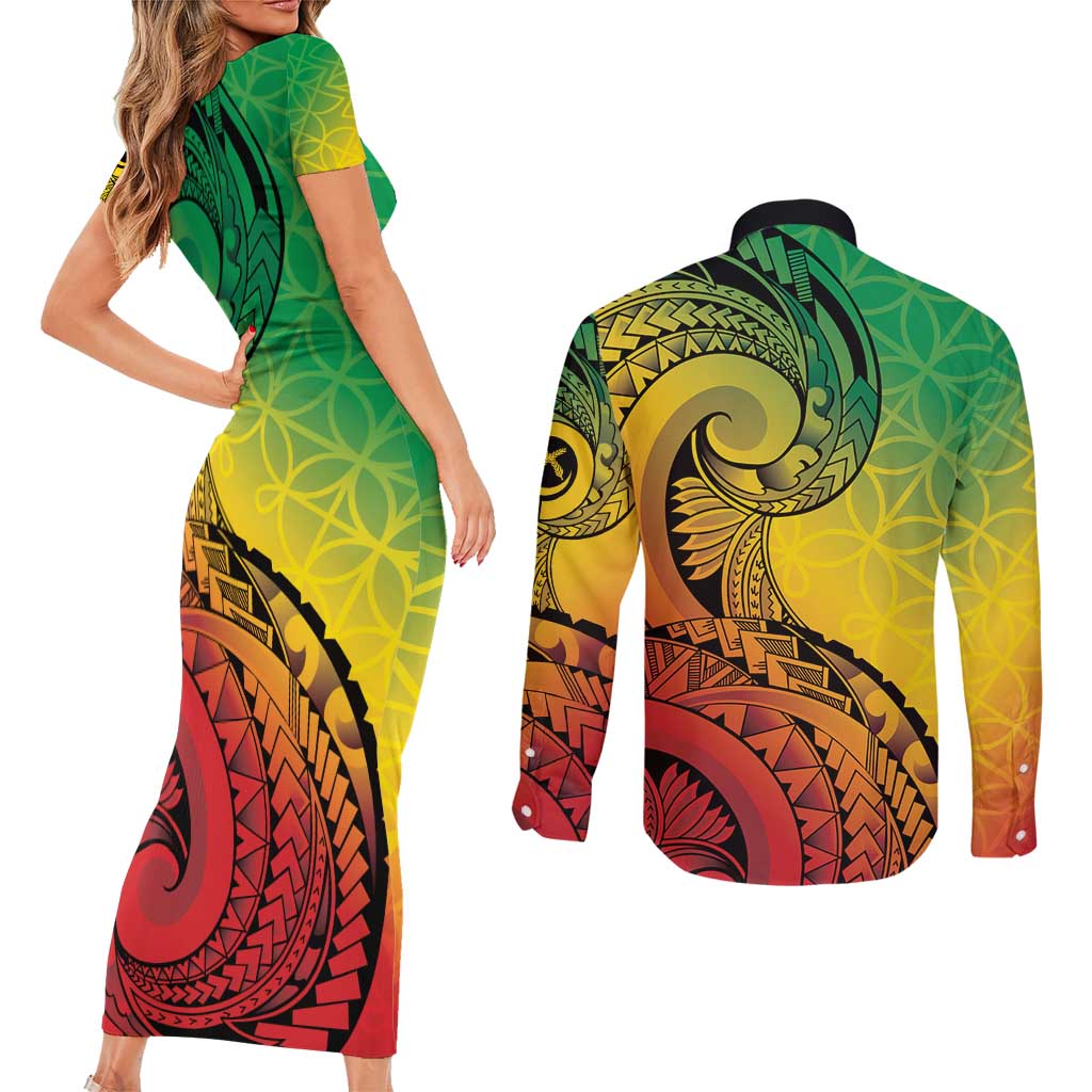 Vanuatu 45th Independence Anniversary Couples Matching Short Sleeve Bodycon Dress and Long Sleeve Button Shirt Ni-Van Sandroing LT7 - Polynesian Pride