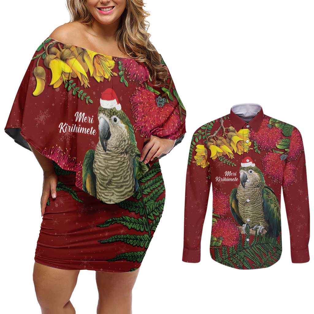 Kakapo Bird New Zealand Couples Matching Off Shoulder Short Dress and Long Sleeve Button Shirt Floral Christmas