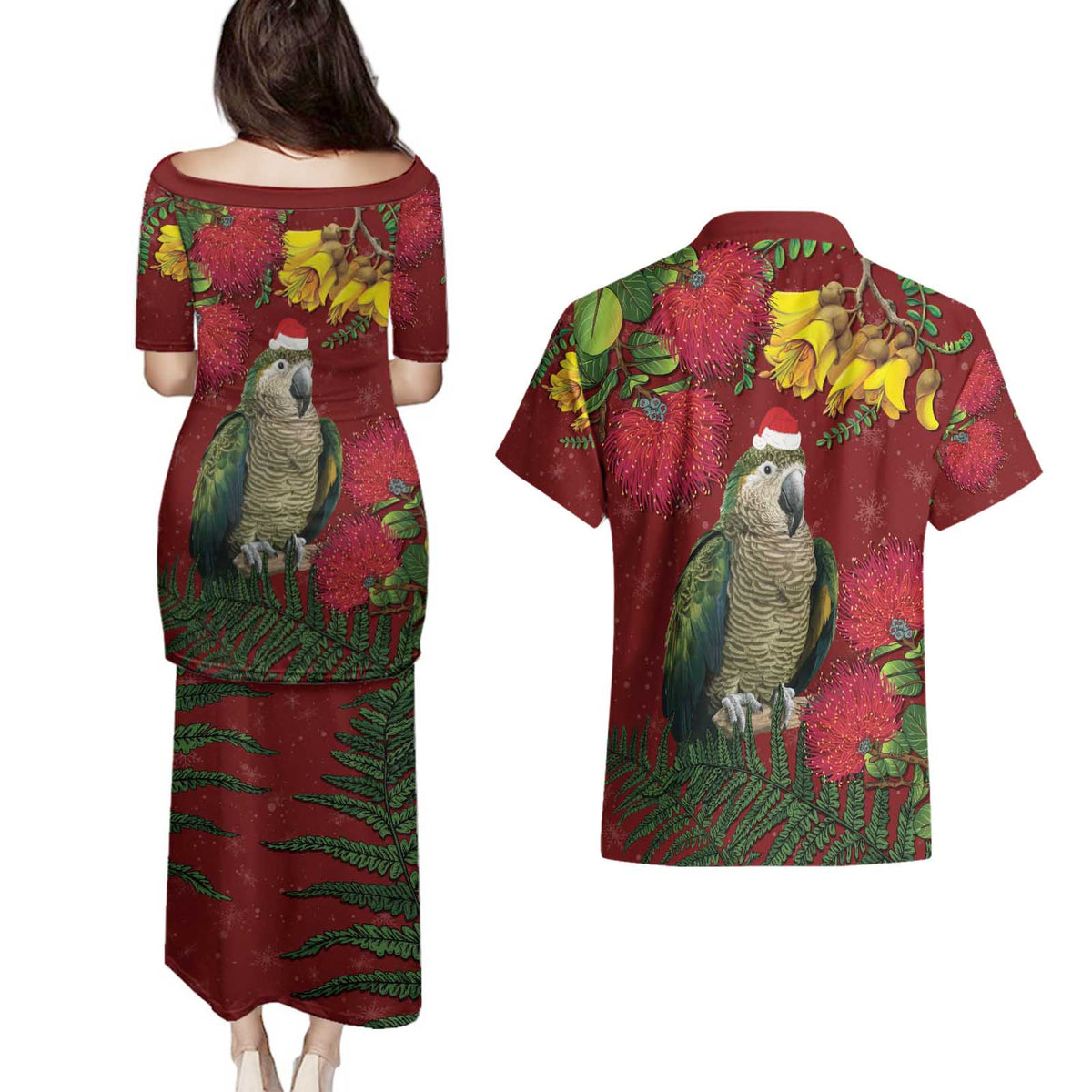 Kakapo Bird New Zealand Couples Matching Puletasi and Hawaiian Shirt Floral Christmas